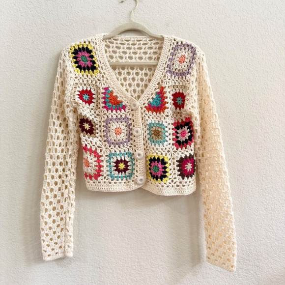 The Unbranded Brand Sweaters - Vintage Style Granny Square Crochet Cardigan Cream Multi Boho Cropped Sweater S